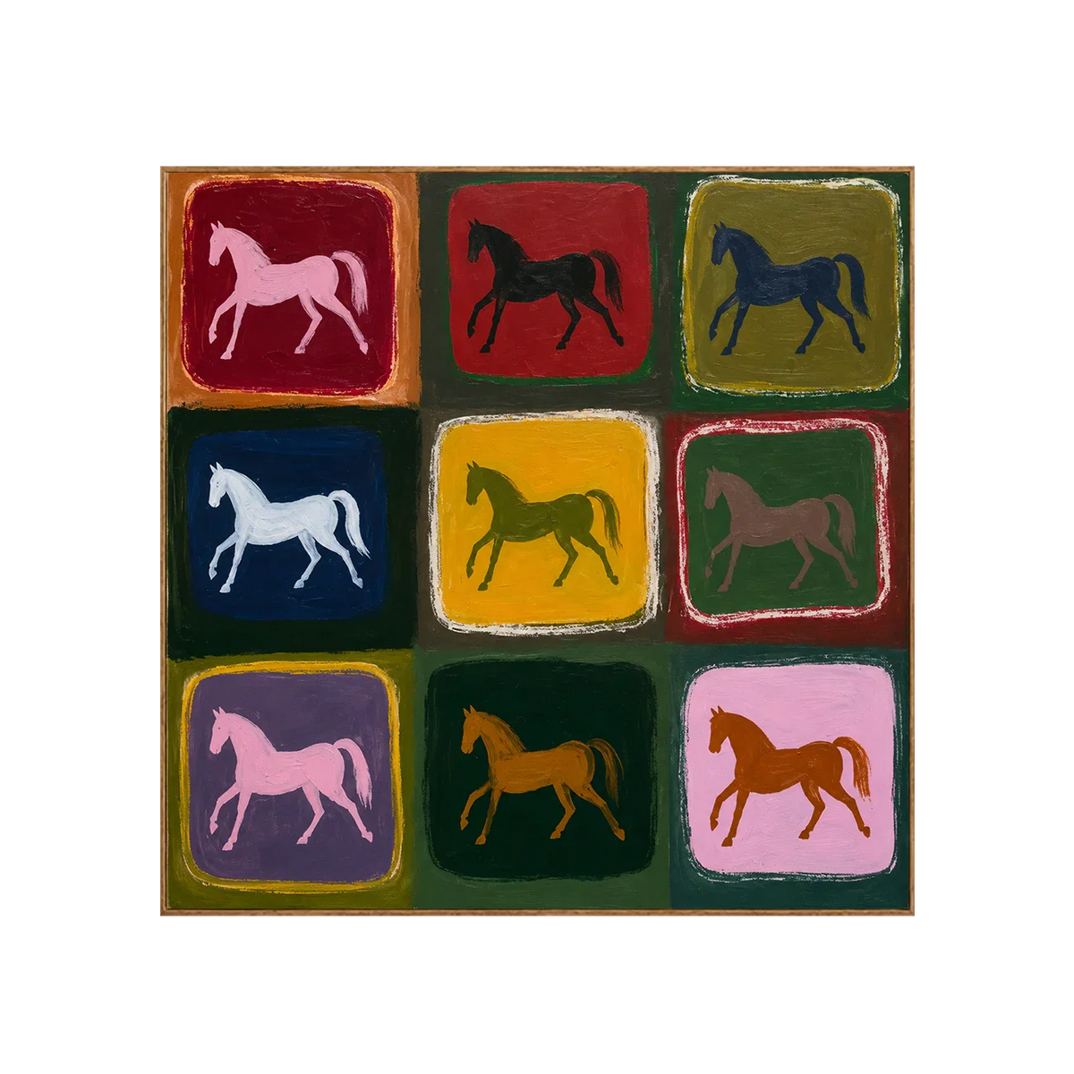 Nine Colorful Horses in a Painted Grid Wall Art | Olyrel