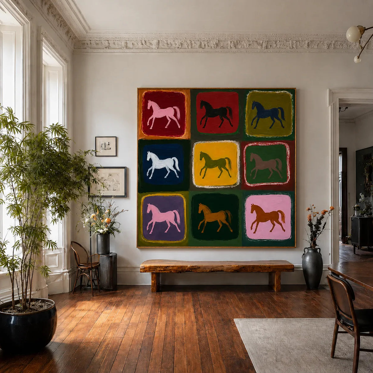 Nine Colorful Horses in a Painted Grid Wall Art styled interior scene 2 | Olyrel