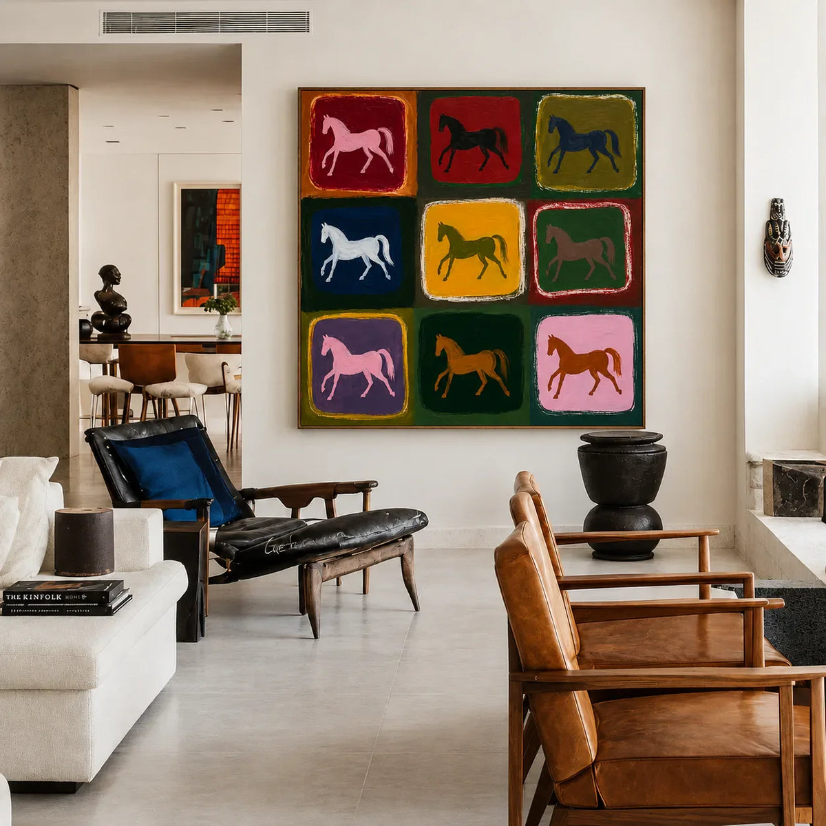 Nine Colorful Horses in a Painted Grid Wall Art styled interior scene 4 | Olyrel