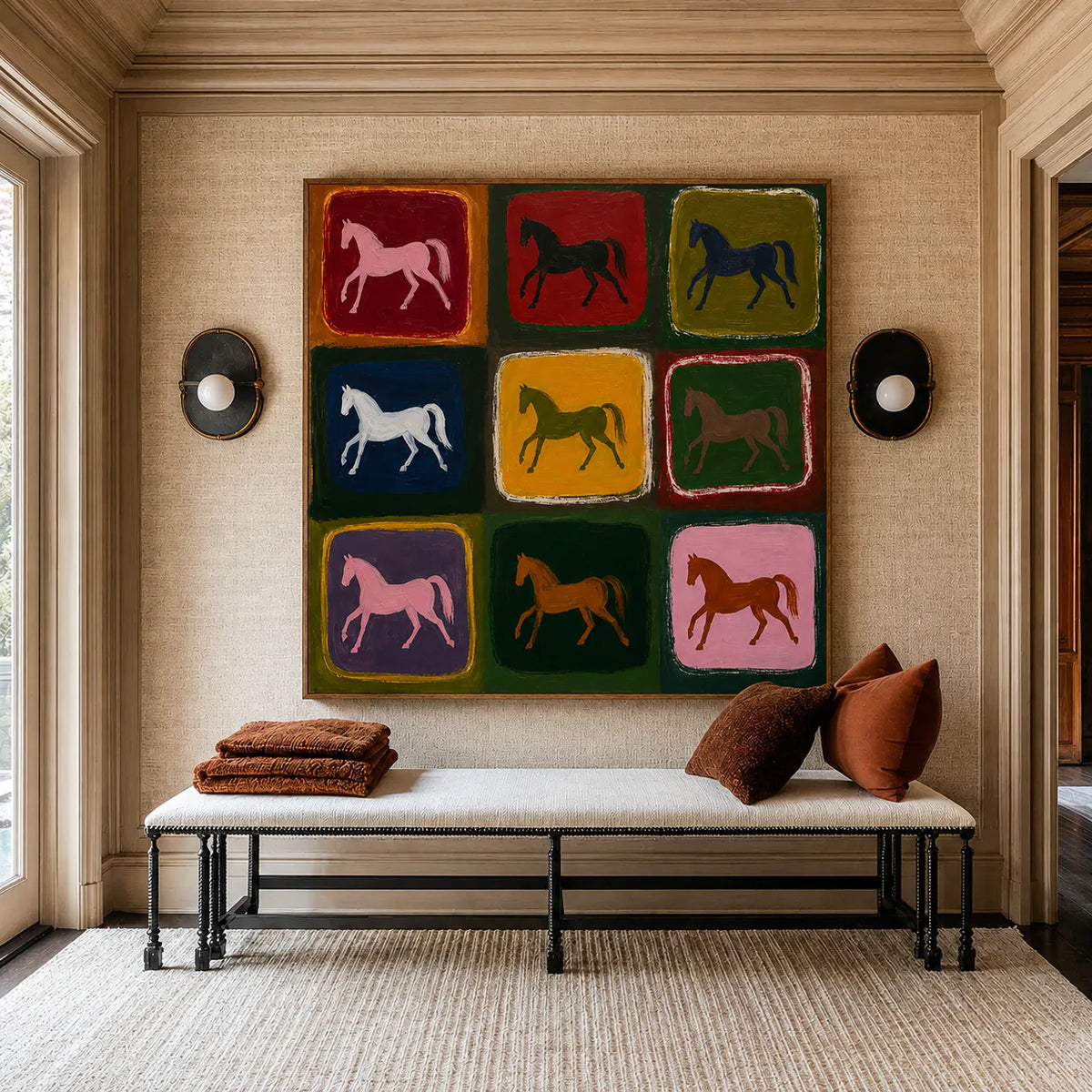 Nine Colorful Horses in a Painted Grid Wall Art styled interior scene 5 | Olyrel
