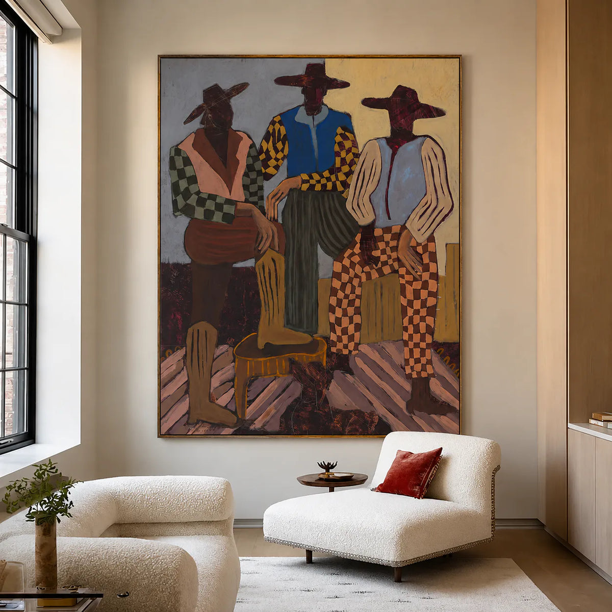 Patterned Trio with Rust Checkered Trousers Wall Art styled interior scene 1 | Olyrel