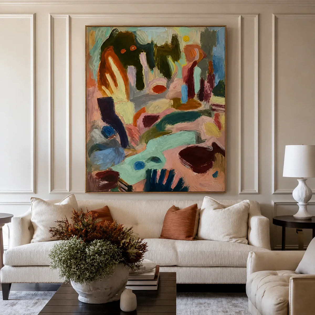 Mint Streams and Warm Color Gestures Abstract Wall Art styled interior scene 1 | Olyrel