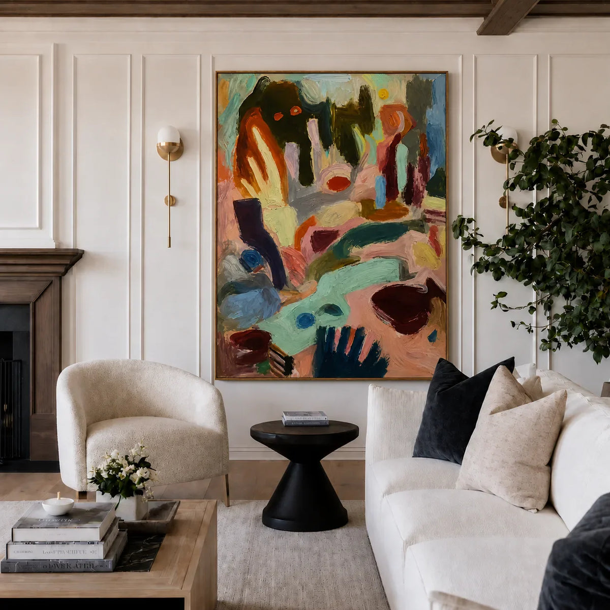 Mint Streams and Warm Color Gestures Abstract Wall Art styled interior scene 4 | Olyrel