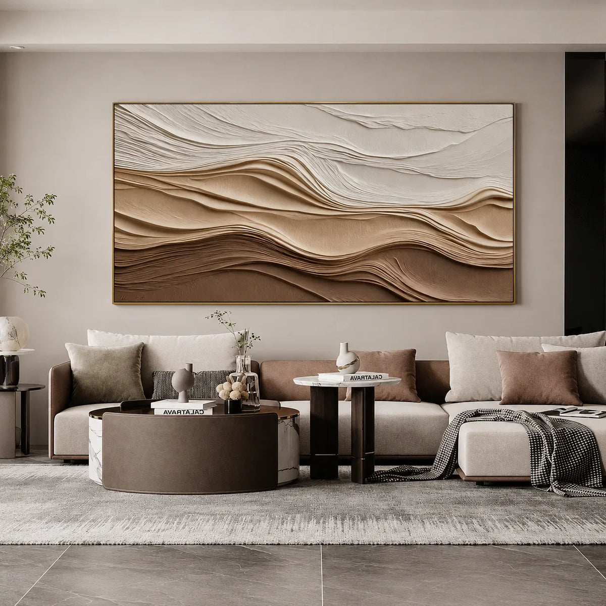 Ivory and Sand Dune Layers Panoramic Wall Art styled interior scene 2 | Olyrel