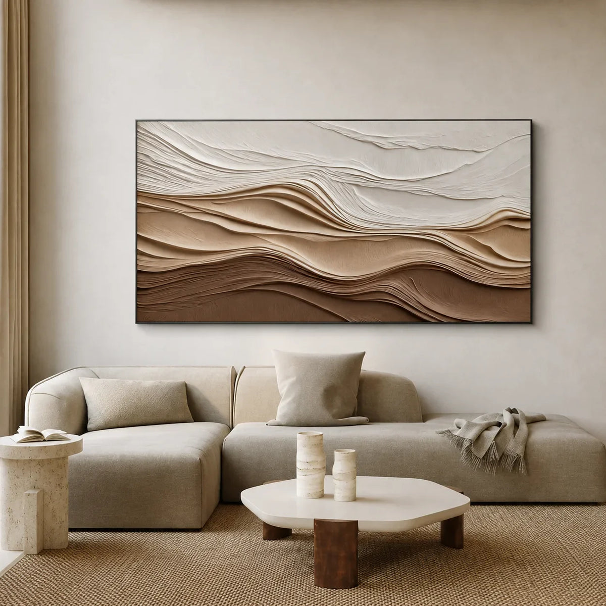 Ivory and Sand Dune Layers Panoramic Wall Art styled interior scene 5 | Olyrel