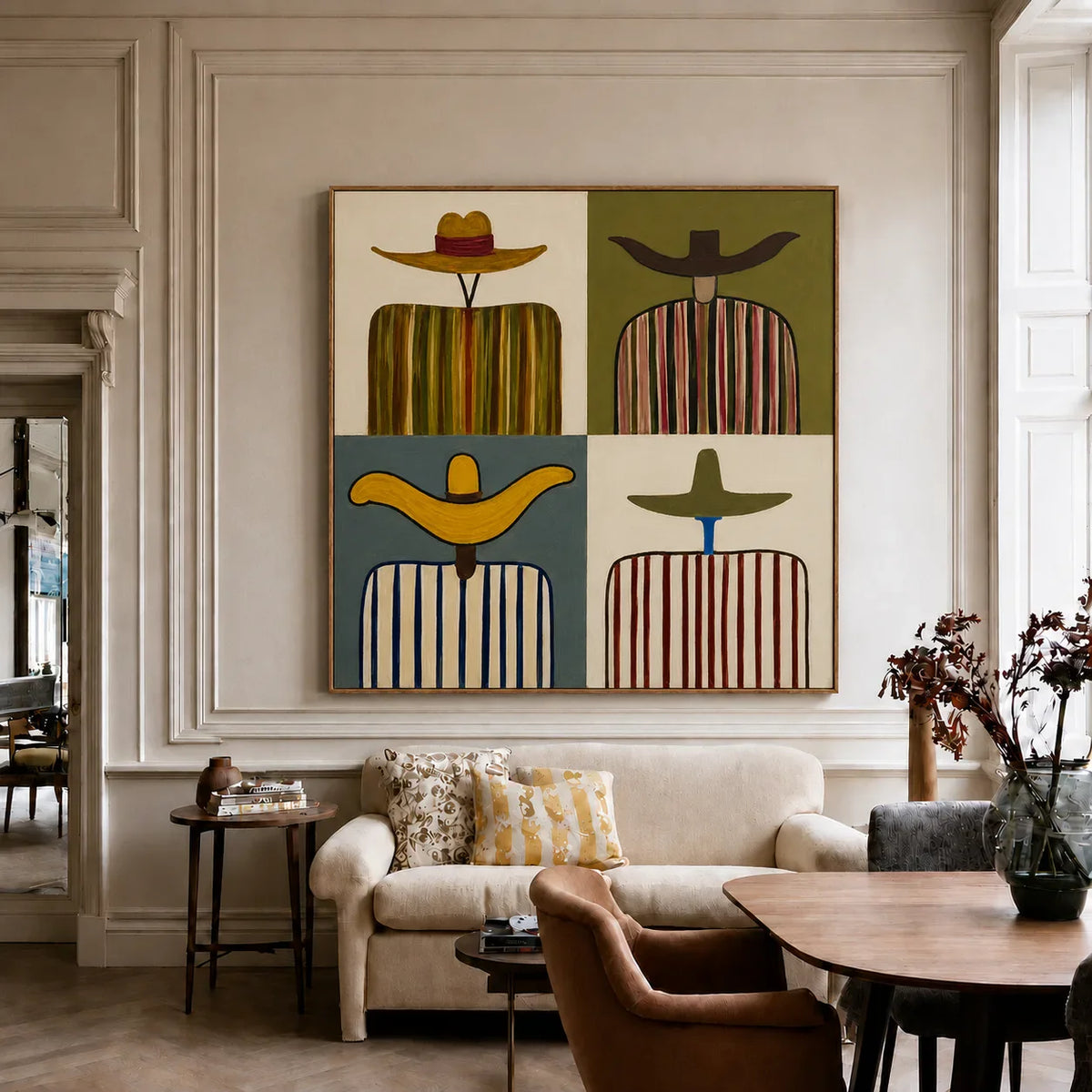 Four Wide Hats and Striped Figures Grid Wall Art styled interior scene 3 | Olyrel