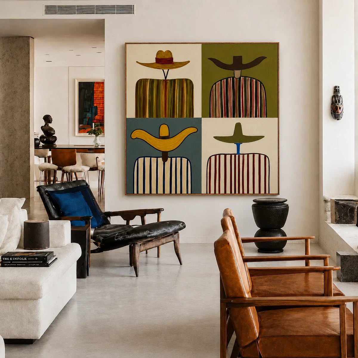 Four Wide Hats and Striped Figures Grid Wall Art styled interior scene 4 | Olyrel