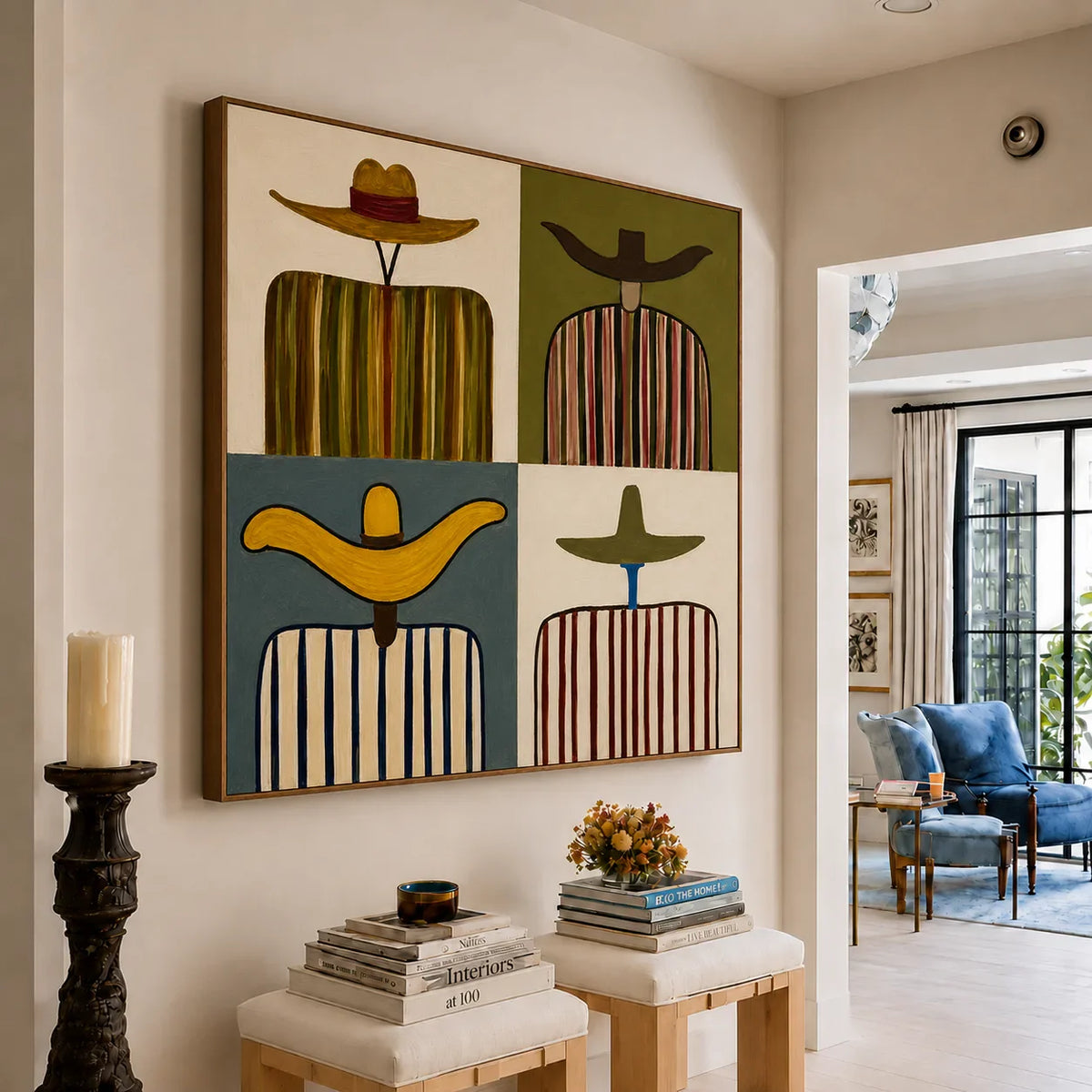 Four Wide Hats and Striped Figures Grid Wall Art styled interior scene 5 | Olyrel