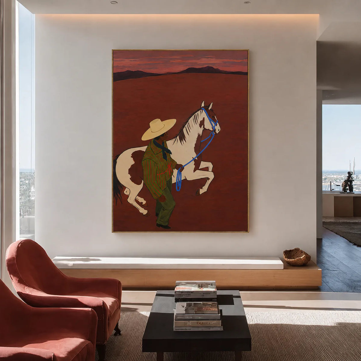 Figure and Pinto Horse beneath a Rust Sunset Wall Art styled interior scene 1 | Olyrel