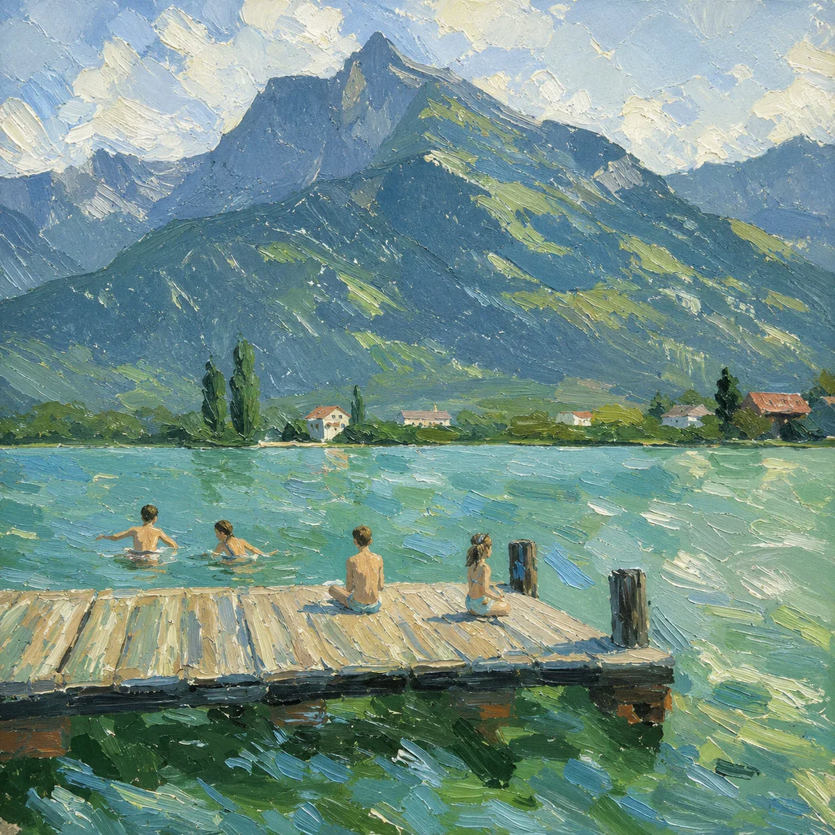 Mountain Lake with Swimmers and a Wooden Dock Wall Art artwork view | Olyrel