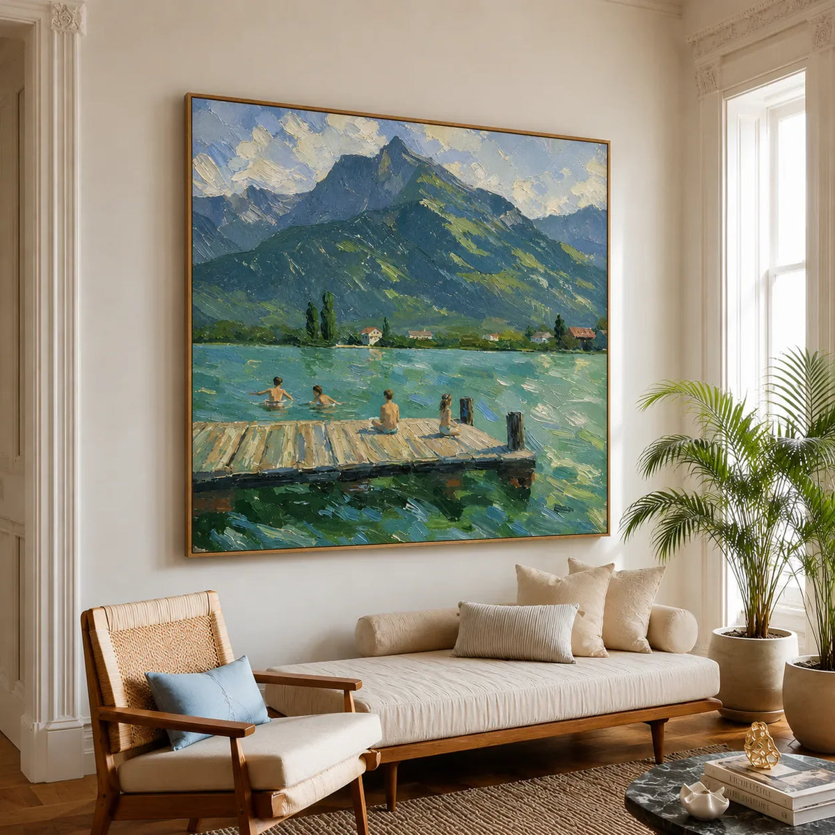 Mountain Lake with Swimmers and a Wooden Dock Wall Art styled interior scene 1 | Olyrel