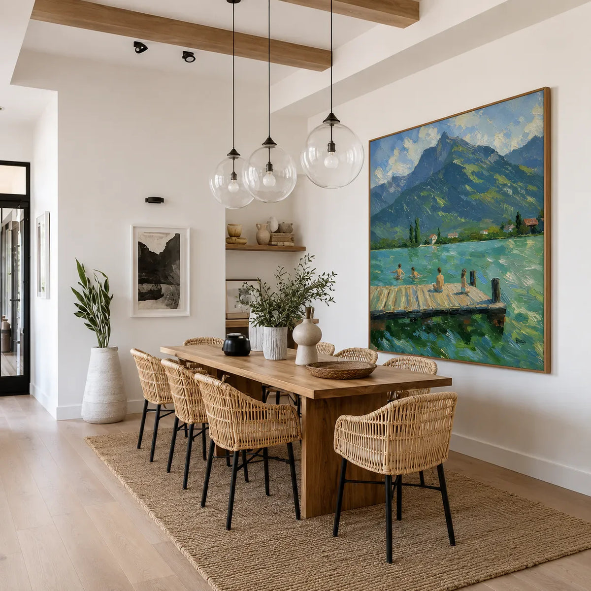 Mountain Lake with Swimmers and a Wooden Dock Wall Art styled interior scene 5 | Olyrel
