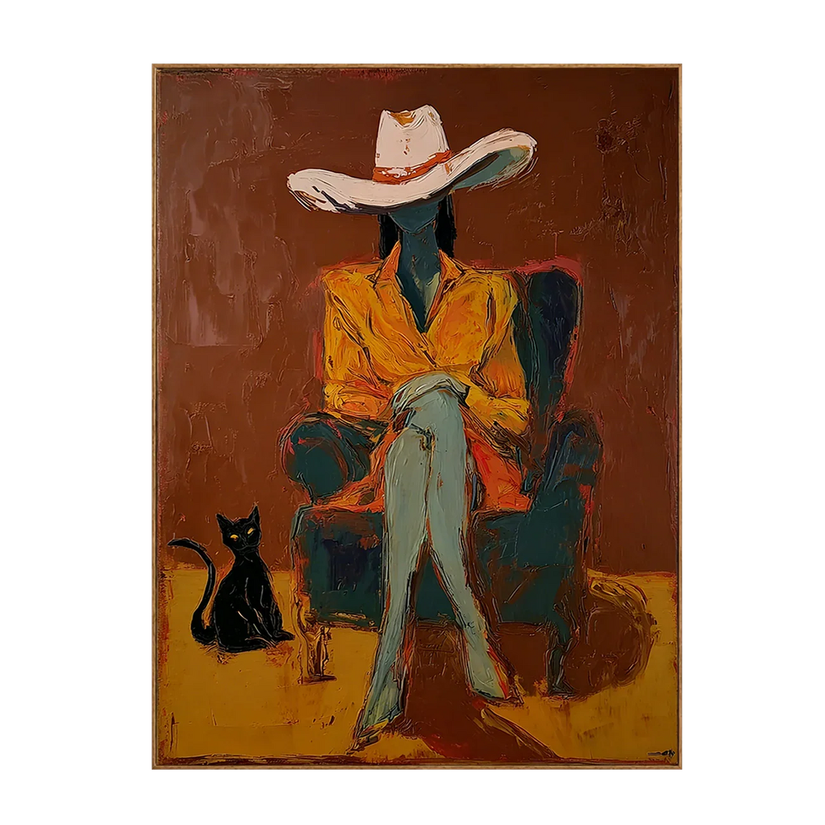 Seated Figure in Ochre with a Black Cat Wall Art | Olyrel