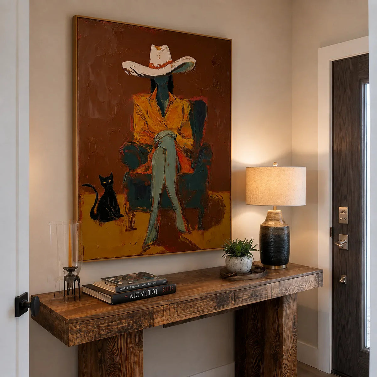 Seated Figure in Ochre with a Black Cat Wall Art styled interior scene 2 | Olyrel