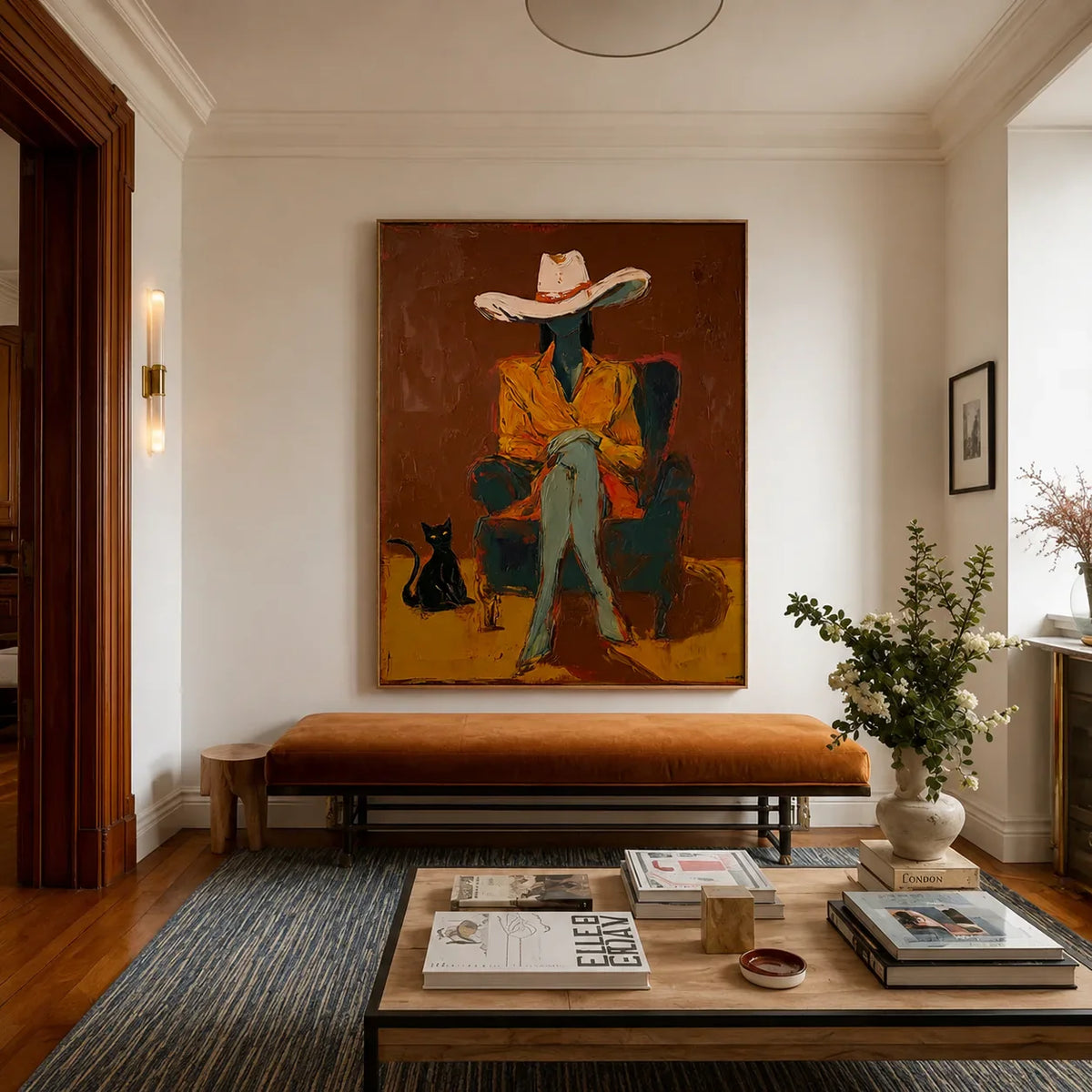 Seated Figure in Ochre with a Black Cat Wall Art styled interior scene 3 | Olyrel