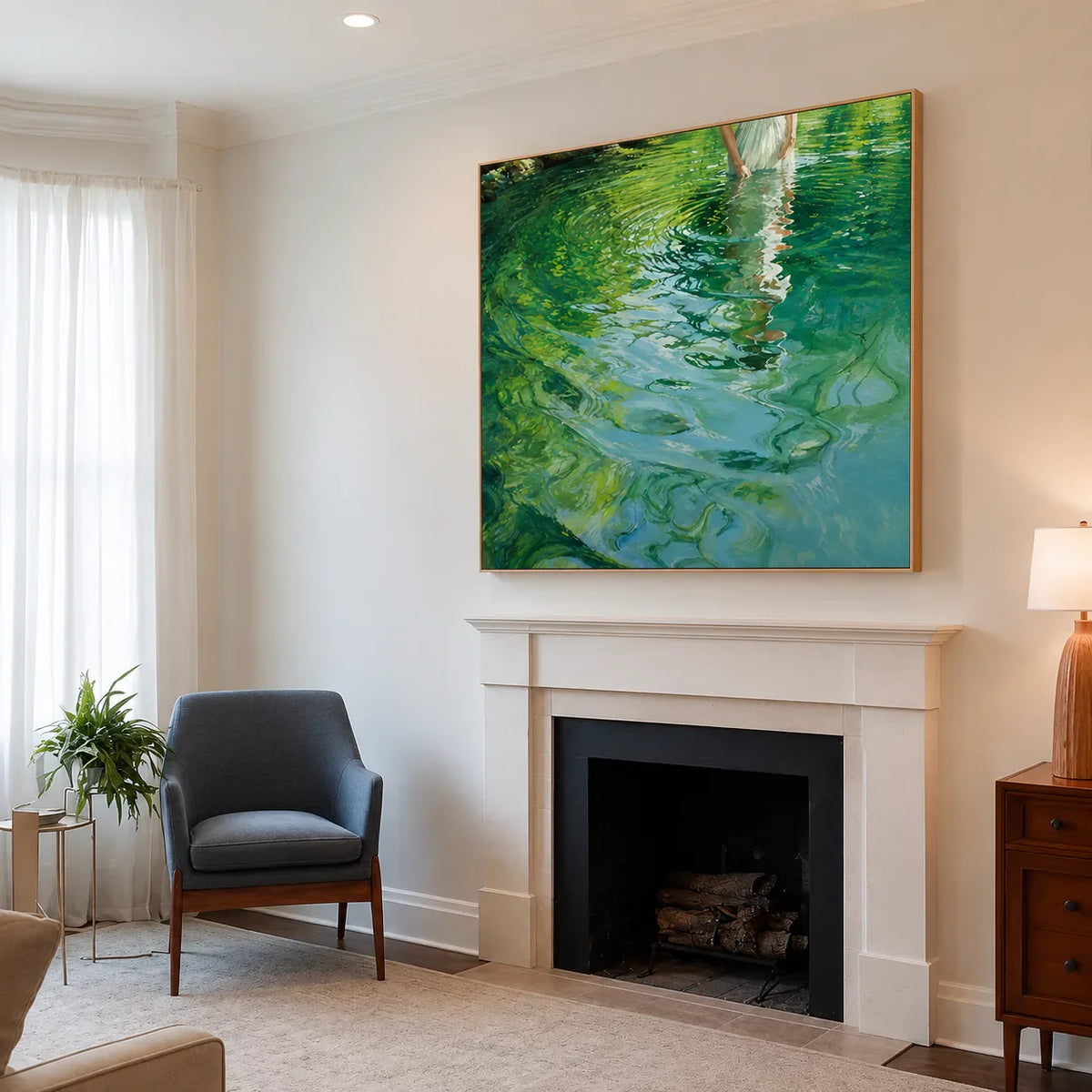 White Dress Reflected in Emerald Water Wall Art styled interior scene 4 | Olyrel