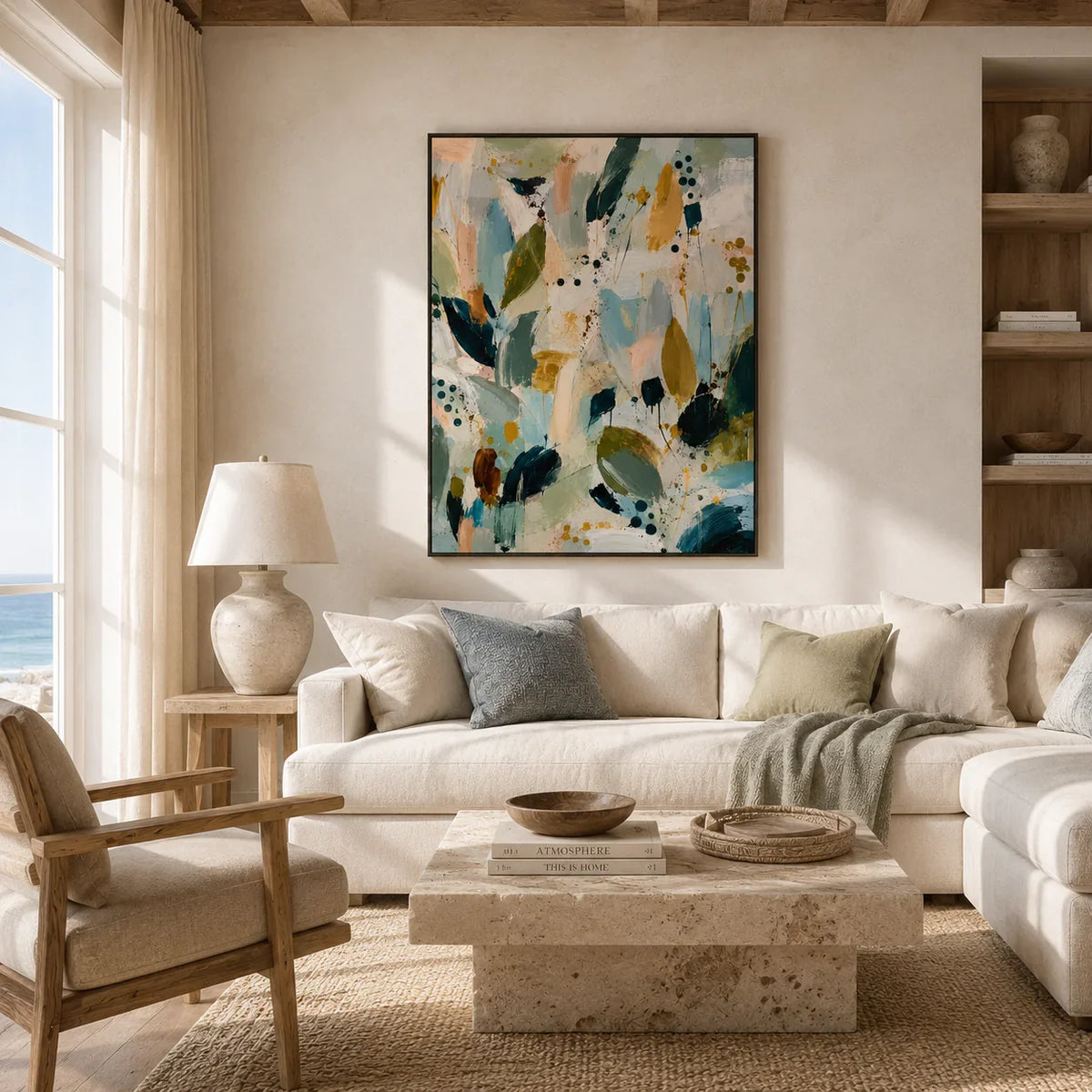 Sage Leaf Abstract Wall Art styled in a living room | Olyrel