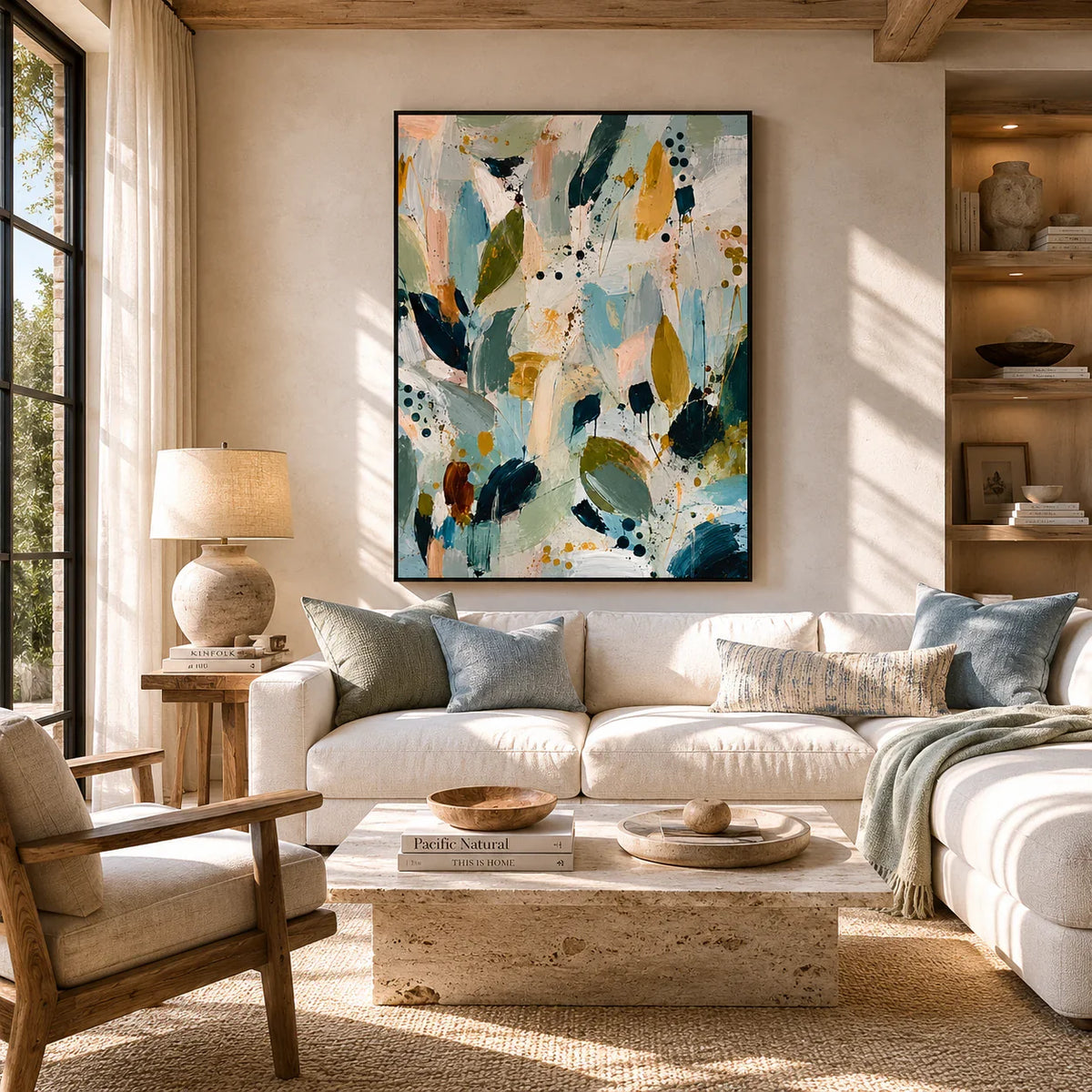 Sage Leaf Abstract Wall Art styled in a living room | Olyrel