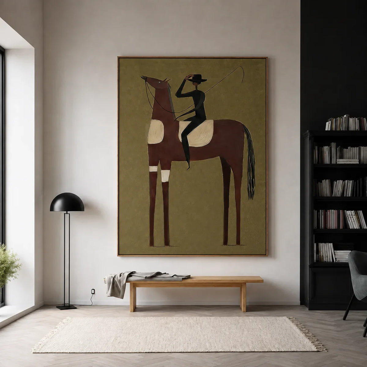 Tall Chestnut Horse and Dark-Clad Rider Wall Art styled interior scene 5 | Olyrel