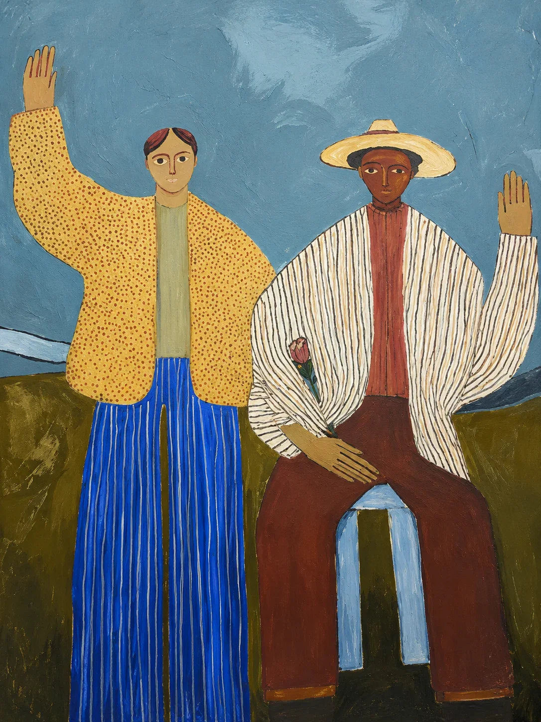 Two Waving Figures in Blue and Yellow Wall Art artwork view | Olyrel