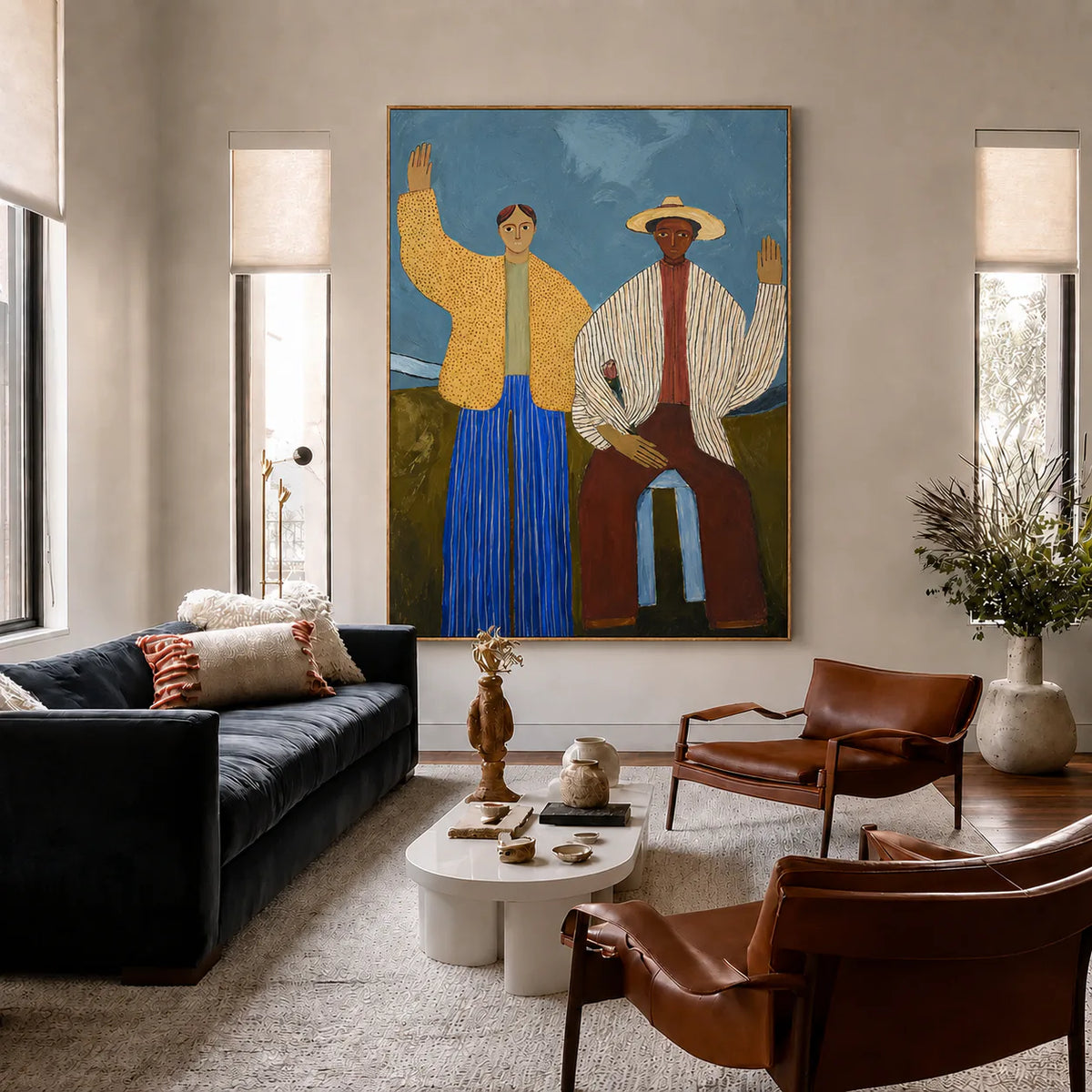 Two Waving Figures in Blue and Yellow Wall Art styled interior scene 1 | Olyrel