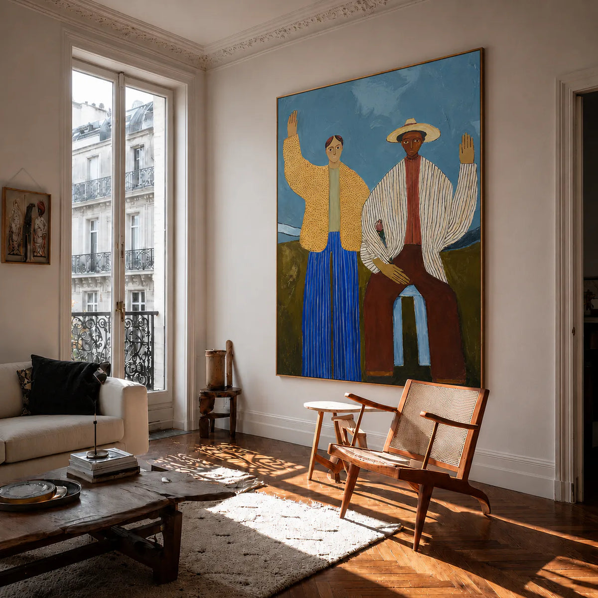 Two Waving Figures in Blue and Yellow Wall Art styled interior scene 2 | Olyrel
