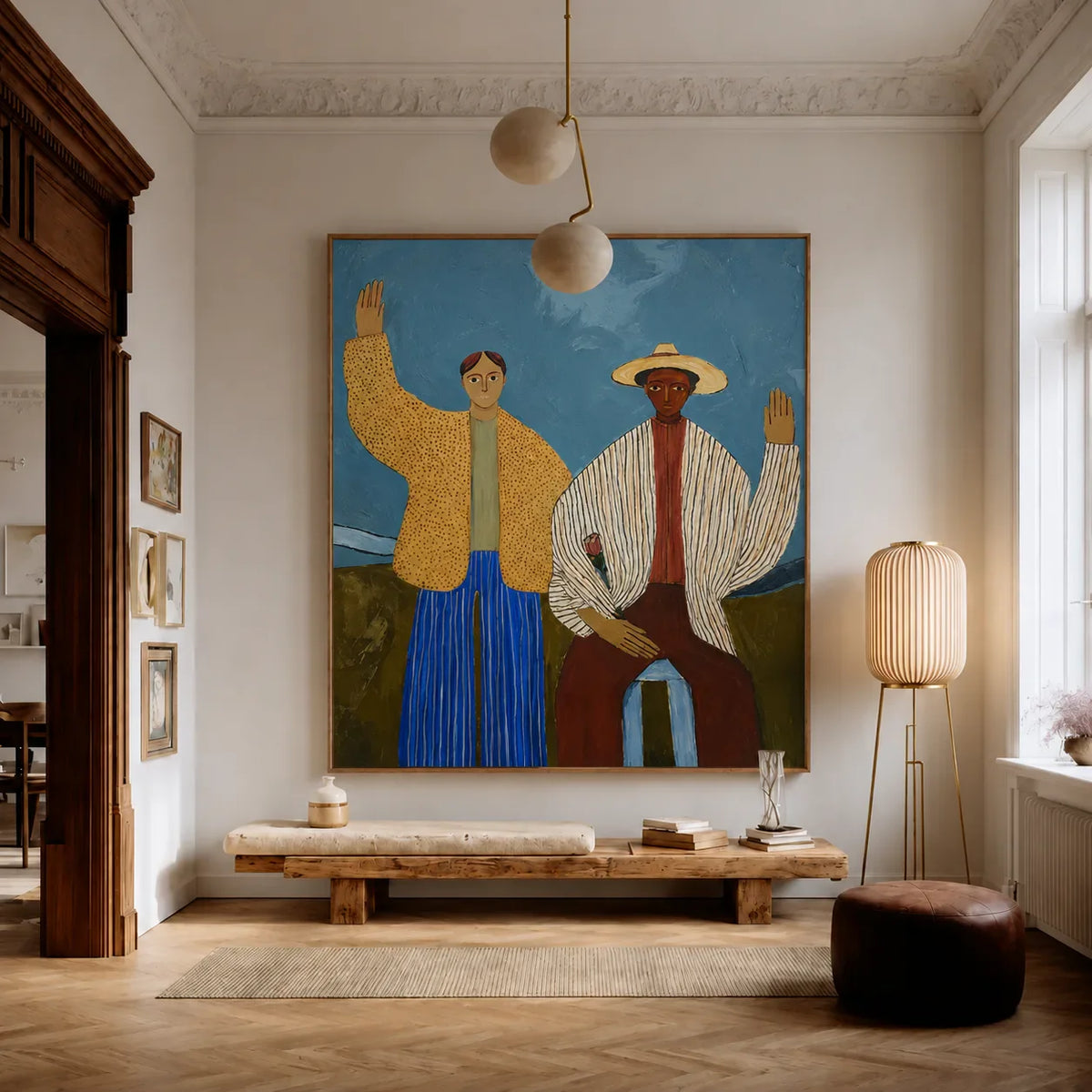 Two Waving Figures in Blue and Yellow Wall Art styled interior scene 3 | Olyrel