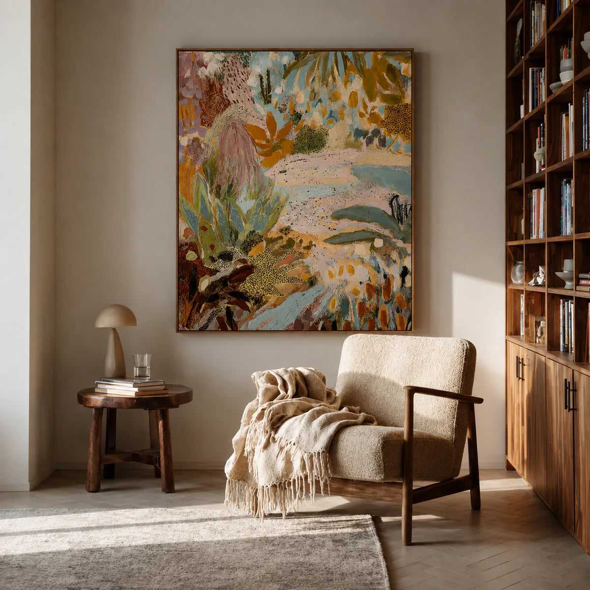 Pastel Botanical Layers in Aqua and Ochre Wall Art styled interior scene 1 | Olyrel