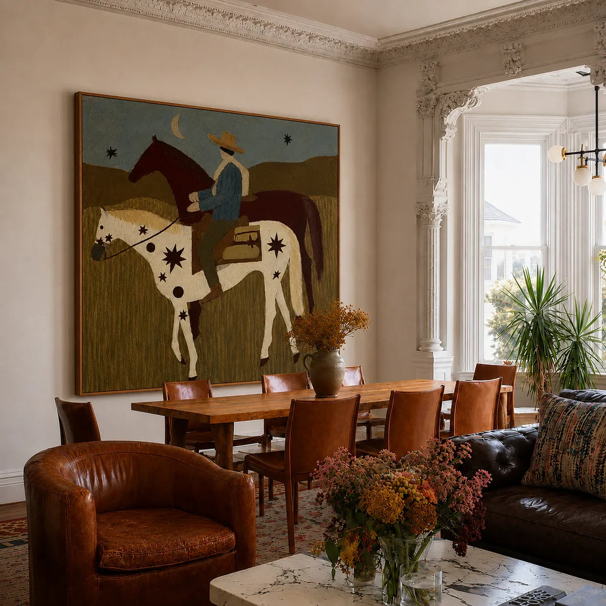 Rider and Two Horses beneath a Crescent Moon Wall Art styled interior scene 1 | Olyrel