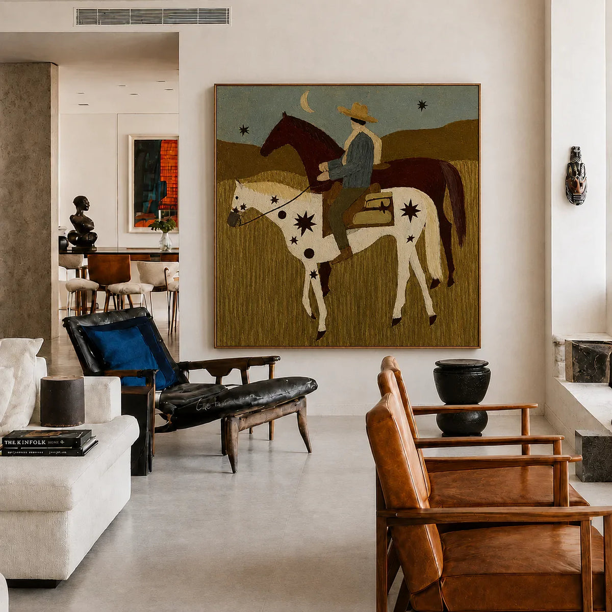 Rider and Two Horses beneath a Crescent Moon Wall Art styled interior scene 4 | Olyrel