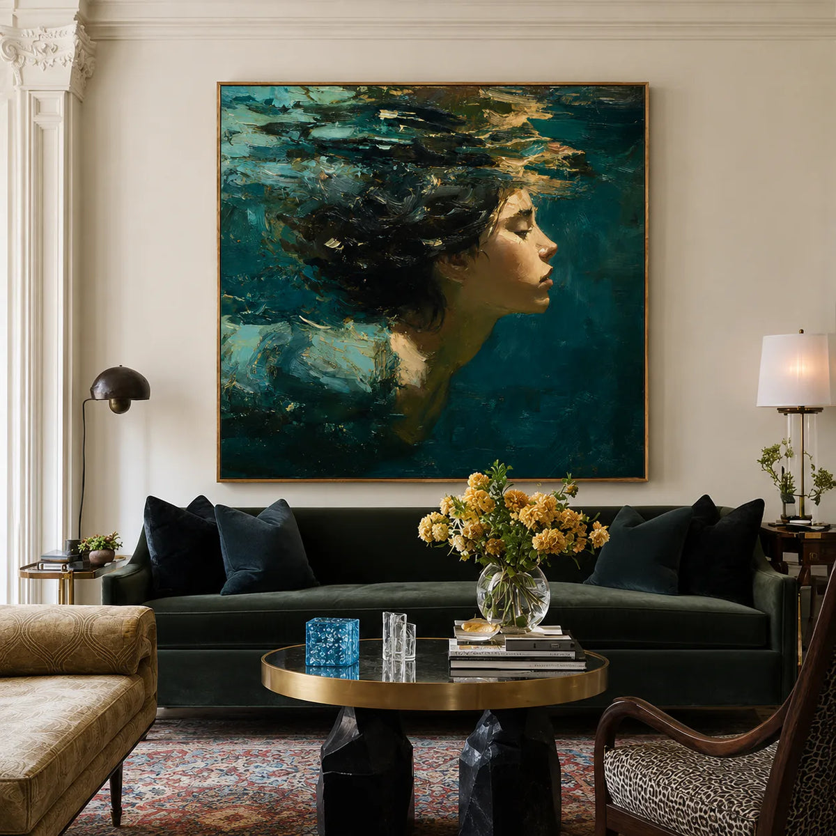 Teal Reverie Underwater Portrait Wall Art styled interior scene 2 | Olyrel