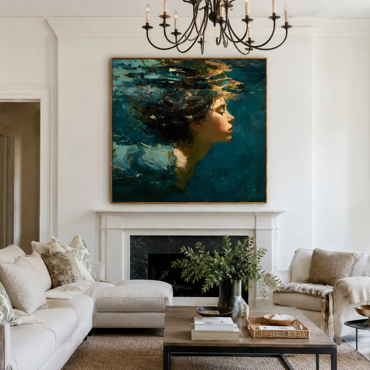 Teal Reverie Underwater Portrait Wall Art styled interior scene 4 | Olyrel