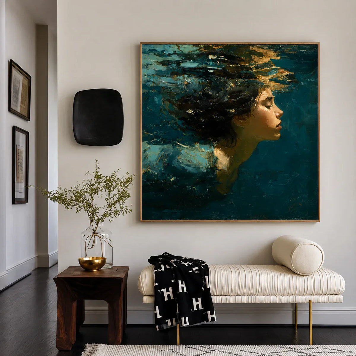 Teal Reverie Underwater Portrait Wall Art styled interior scene 5 | Olyrel