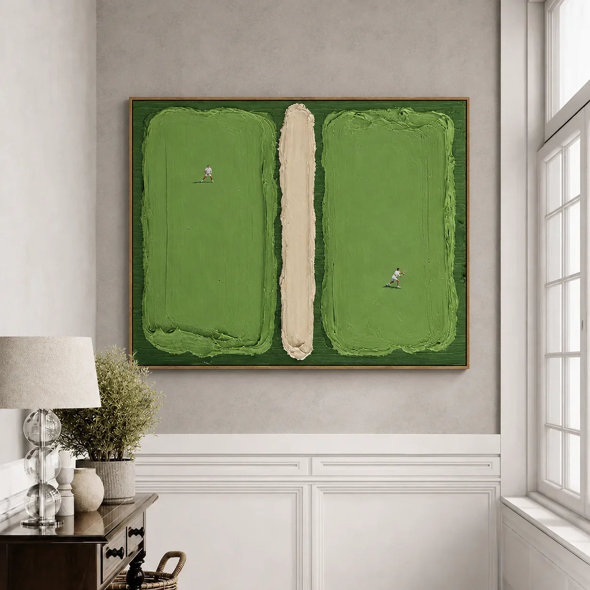 Green Fields and Tiny Players Textured Wall Art styled interior scene 1 | Olyrel