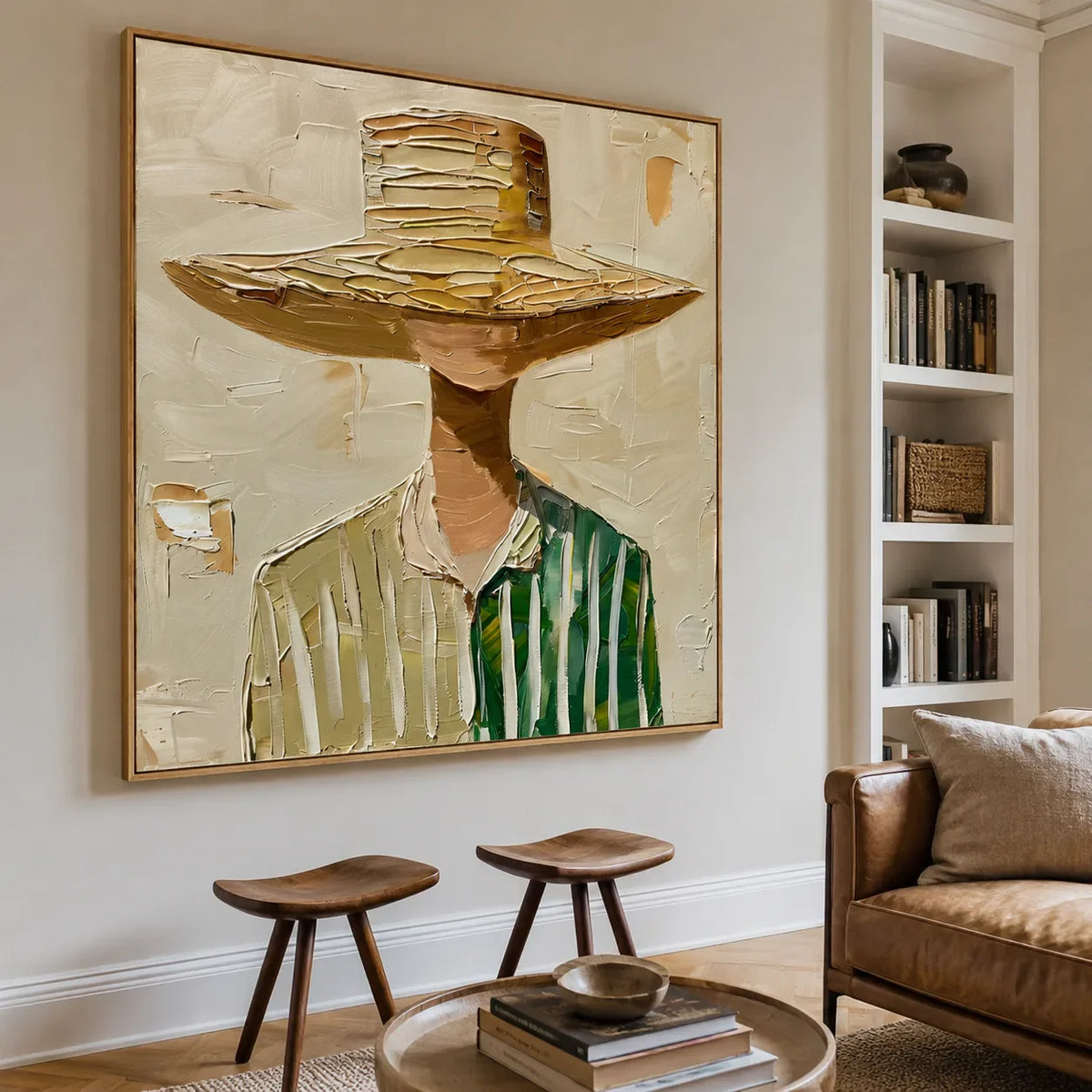 Wide-Brim Hat and Green Stripes Portrait Wall Art styled interior scene 2 | Olyrel