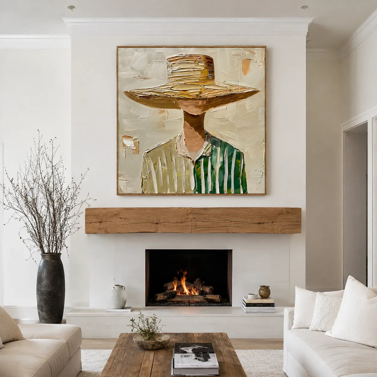 Wide-Brim Hat and Green Stripes Portrait Wall Art styled interior scene 4 | Olyrel