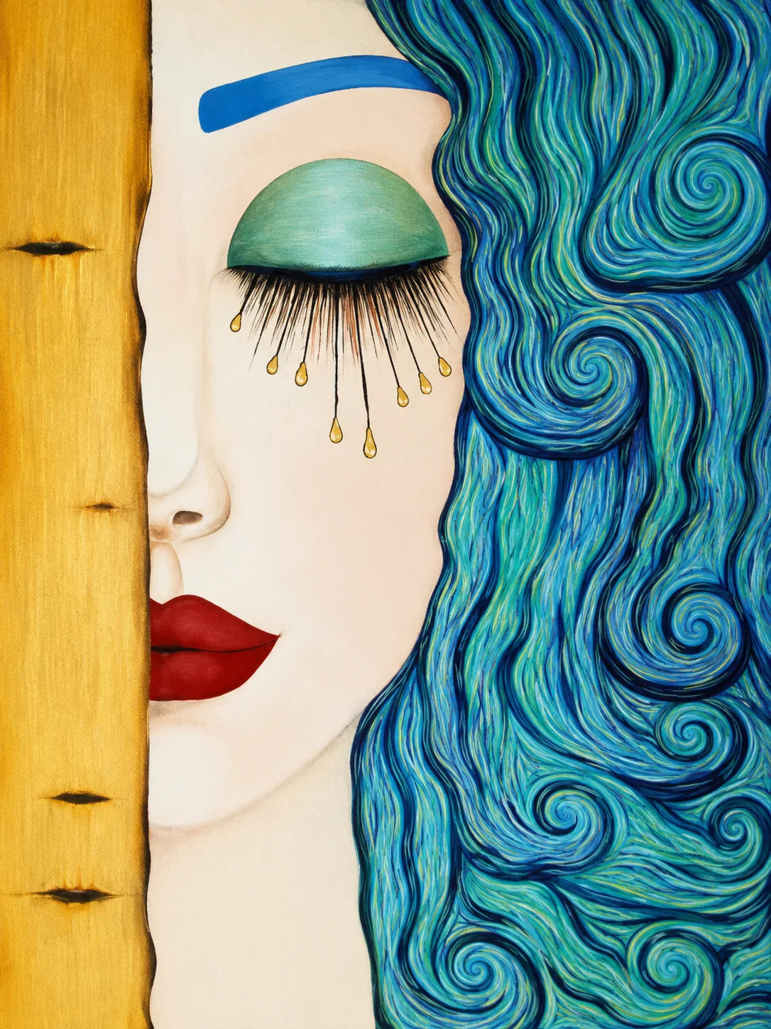 Turquoise Curls and Golden Tears Portrait Wall Art artwork view | Olyrel