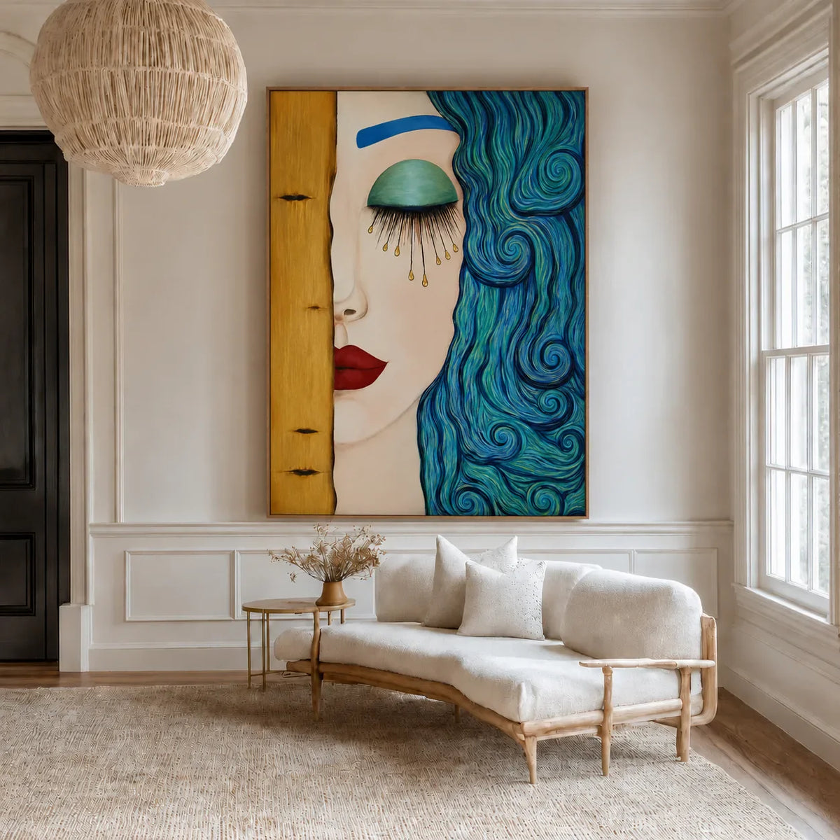 Turquoise Curls and Golden Tears Portrait Wall Art styled interior scene 1 | Olyrel