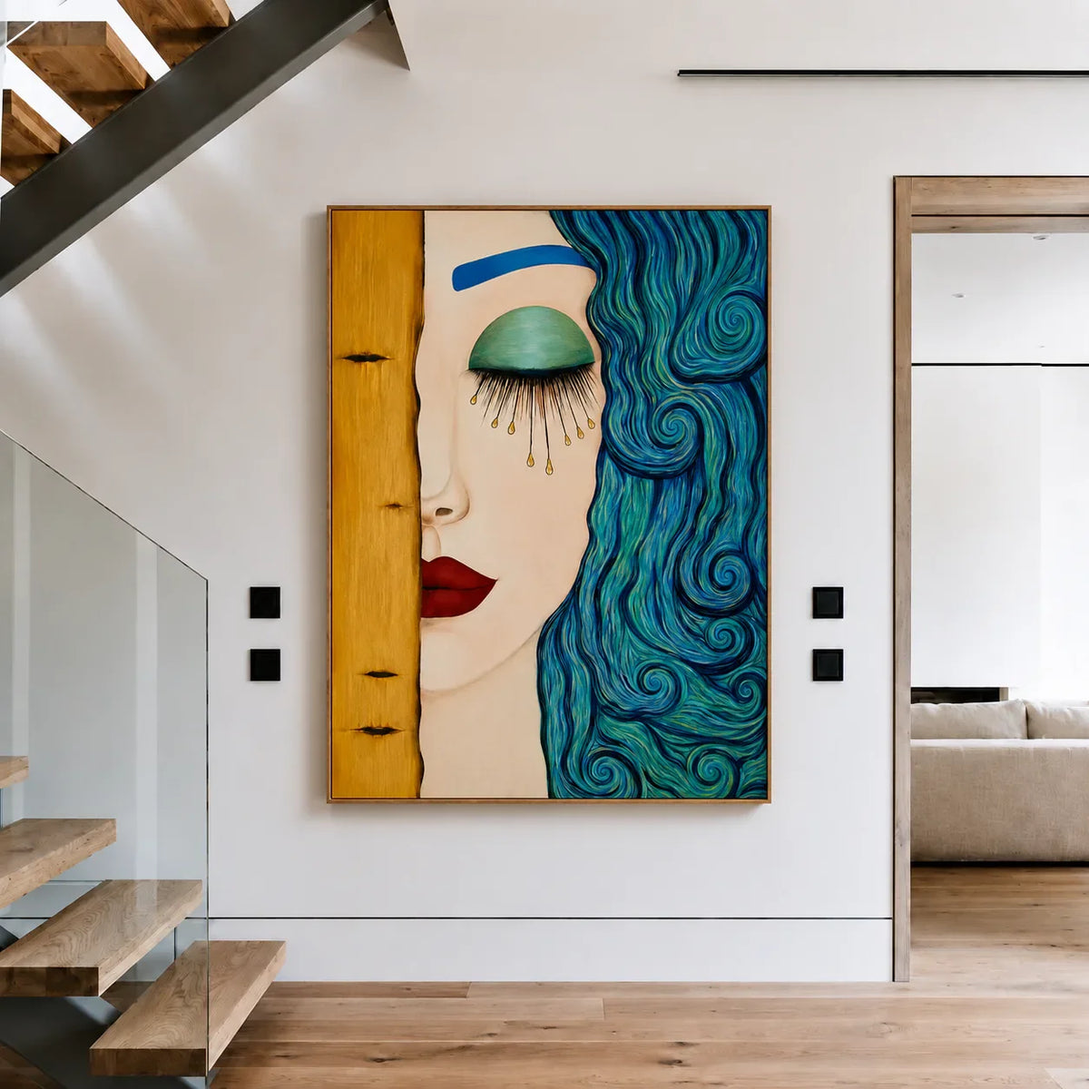 Turquoise Curls and Golden Tears Portrait Wall Art styled interior scene 2 | Olyrel