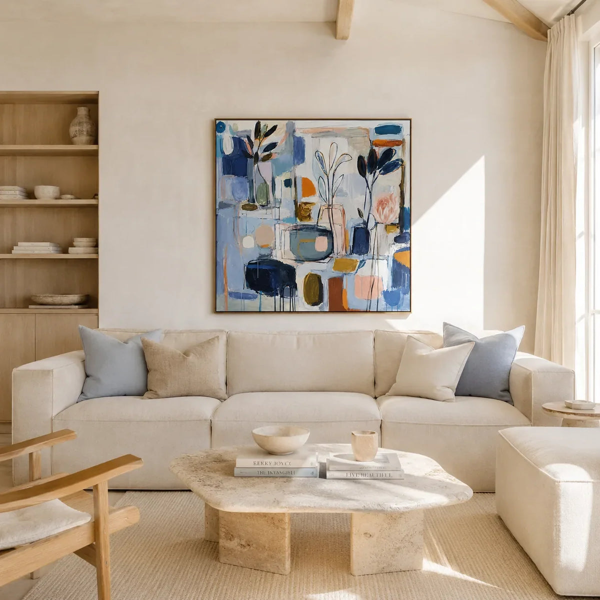Blue Studio Floral Wall Art styled in a modern living room | Olyrel