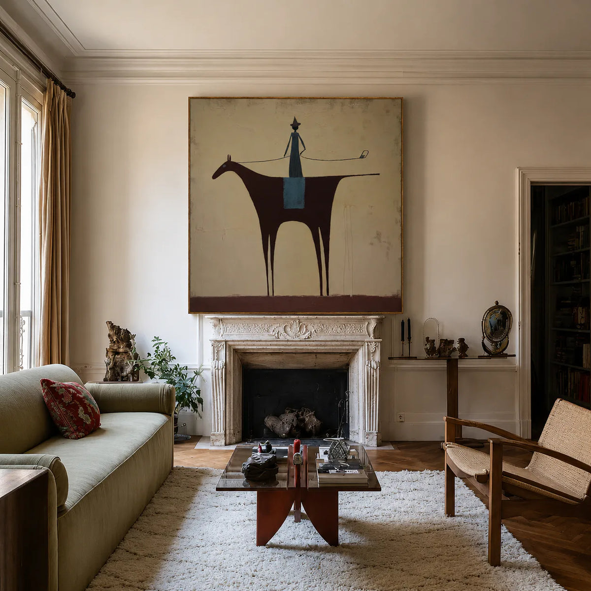 Slender Rider on a Burgundy Horse Wall Art styled interior scene 2 | Olyrel
