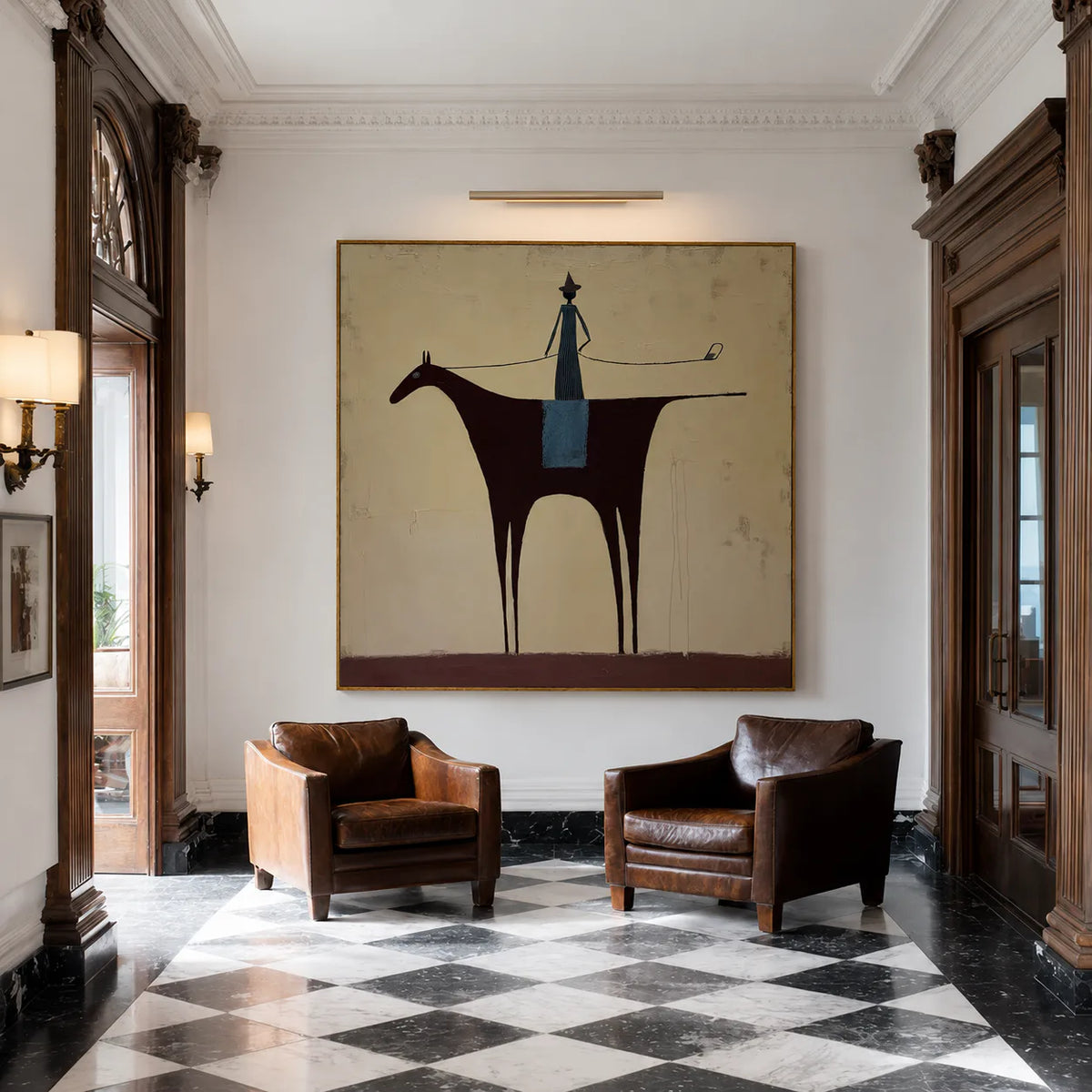 Slender Rider on a Burgundy Horse Wall Art styled interior scene 4 | Olyrel