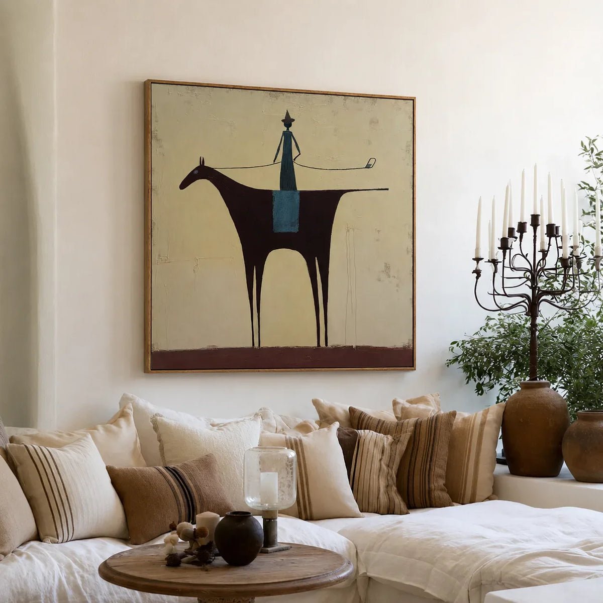 Slender Rider on a Burgundy Horse Wall Art styled interior scene 5 | Olyrel