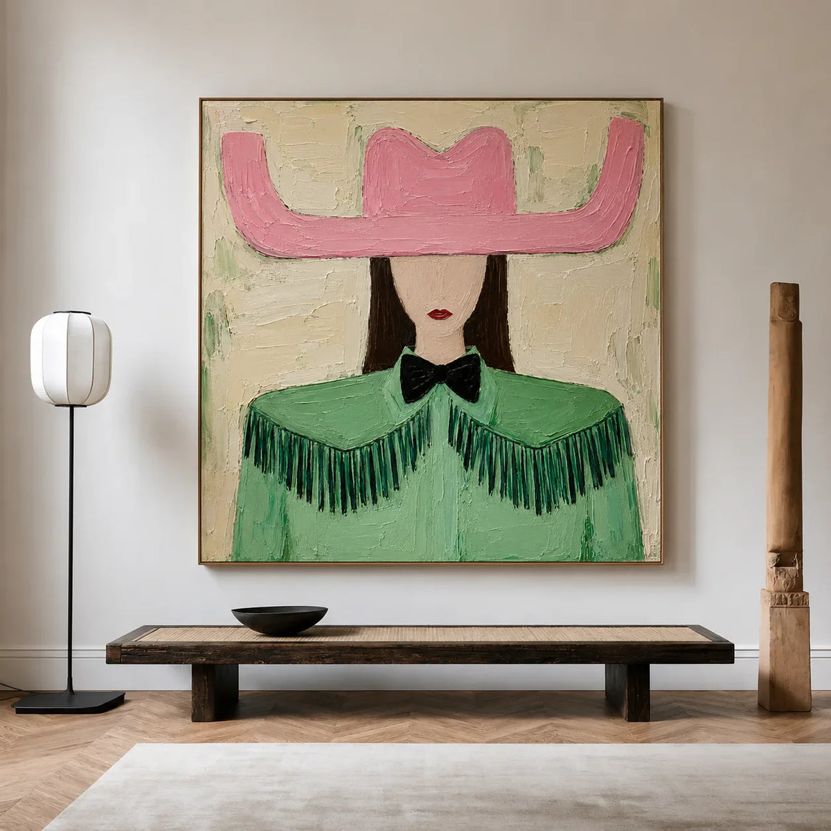 Pink Cowboy Hat and Green Fringe Portrait Wall Art styled interior scene 1 | Olyrel