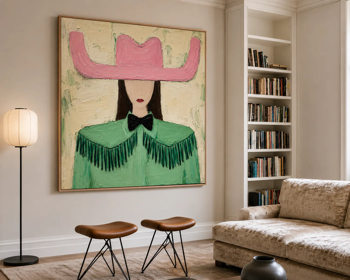 Pink Cowboy Hat and Green Fringe Portrait Wall Art styled interior scene 2 | Olyrel