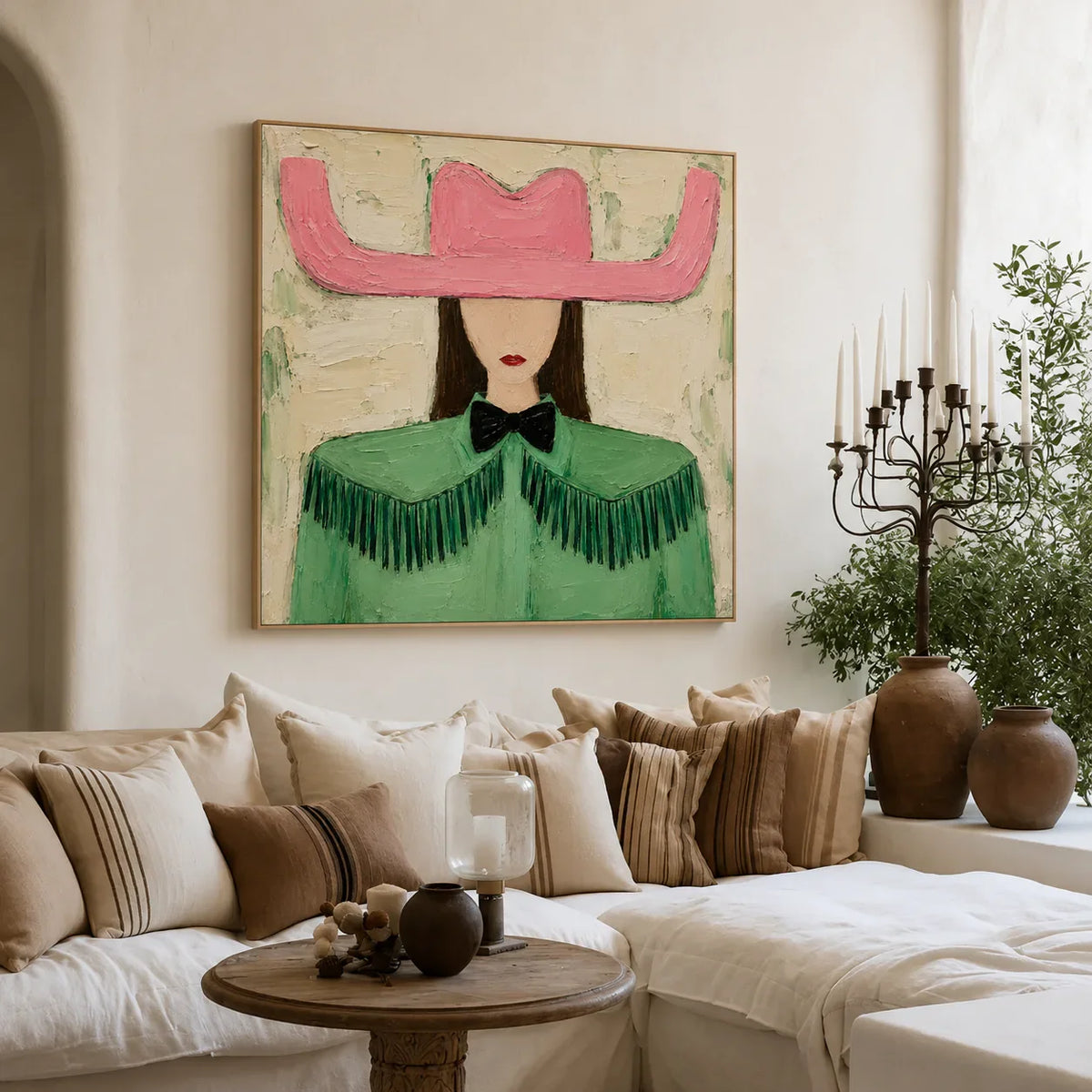 Pink Cowboy Hat and Green Fringe Portrait Wall Art styled interior scene 4 | Olyrel