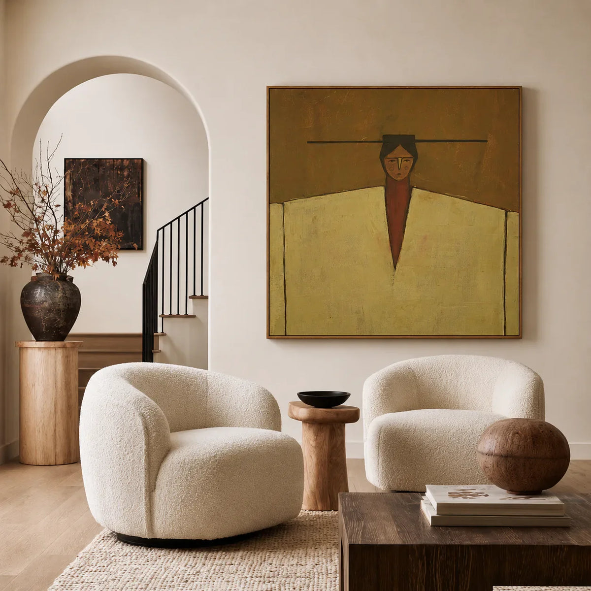 Ochre Poise with Broad Cream Shoulders Wall Art styled interior scene 3 | Olyrel