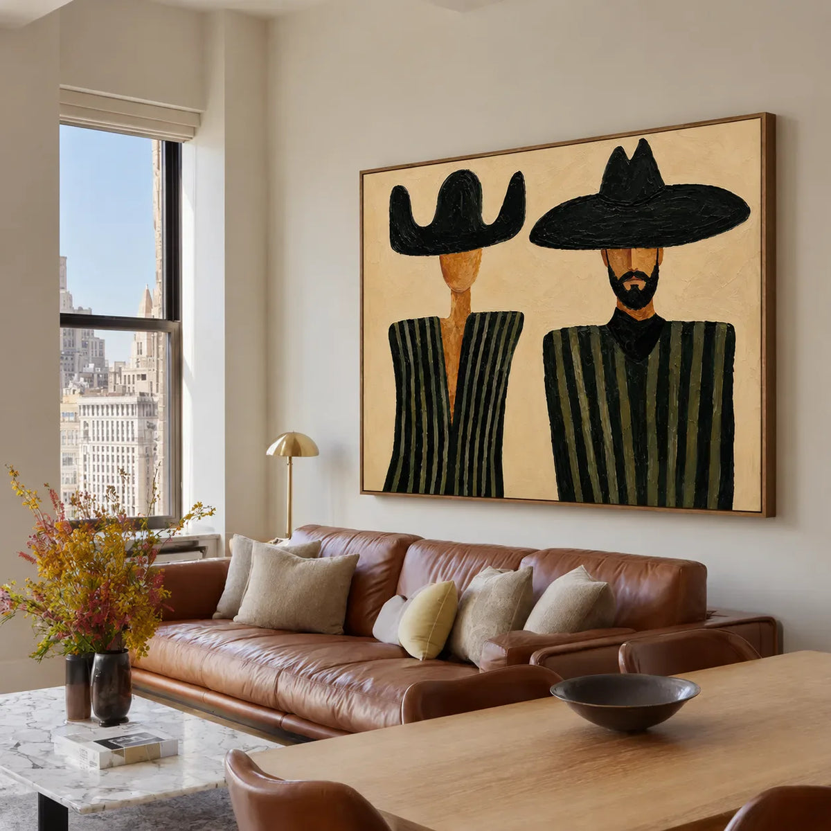 Black Hat Duet in Olive Stripes Wall Art styled interior scene 2 | Olyrel