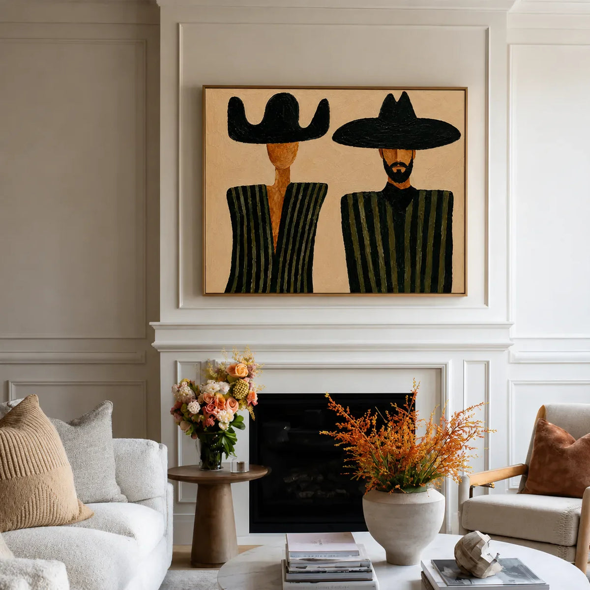 Black Hat Duet in Olive Stripes Wall Art styled interior scene 4 | Olyrel