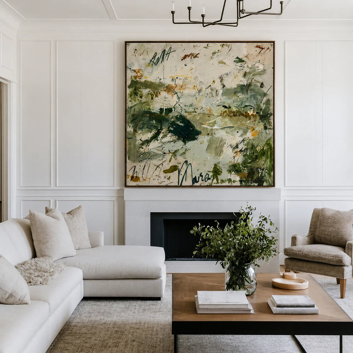Forest Green Gestures on Ivory Abstract Wall Art styled interior scene 3 | Olyrel